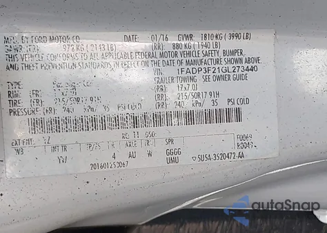 2016 Ford Focus Se из США, поврежденный, VIN 1FADP3F21GL273440